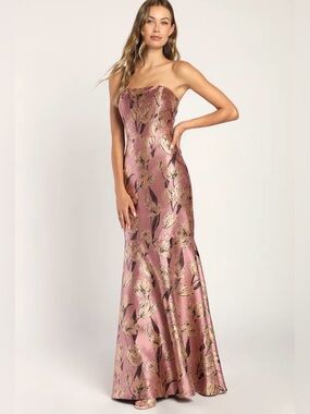 Gowning Around Mauve Floral Jacquard Strapless Maxi Dress